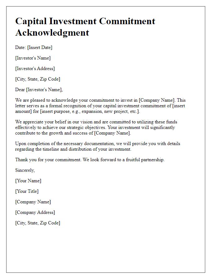 Letter template of capital investment commitment acknowledgment.