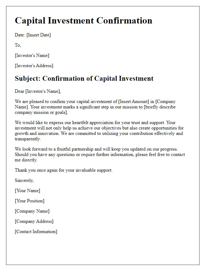 Letter template of capital investment confirmation and appreciation.