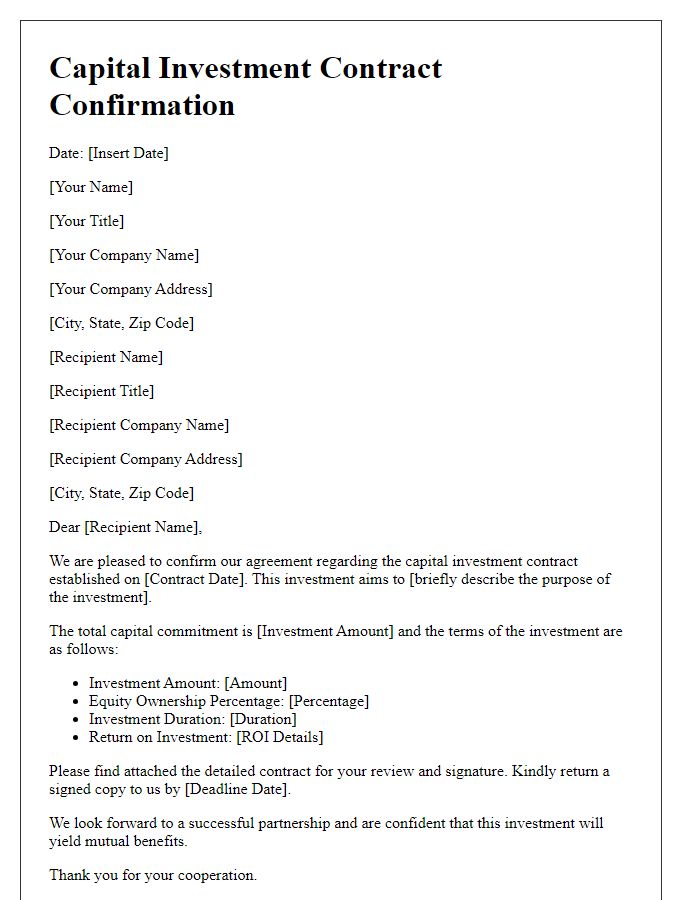 Letter template of capital investment contract confirmation.