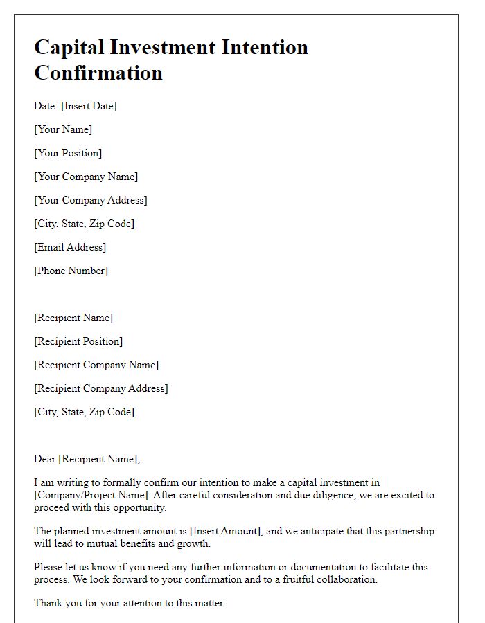 Letter template of capital investment intention confirmation.