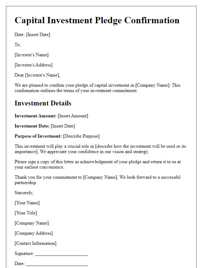 Letter template of capital investment pledge confirmation.