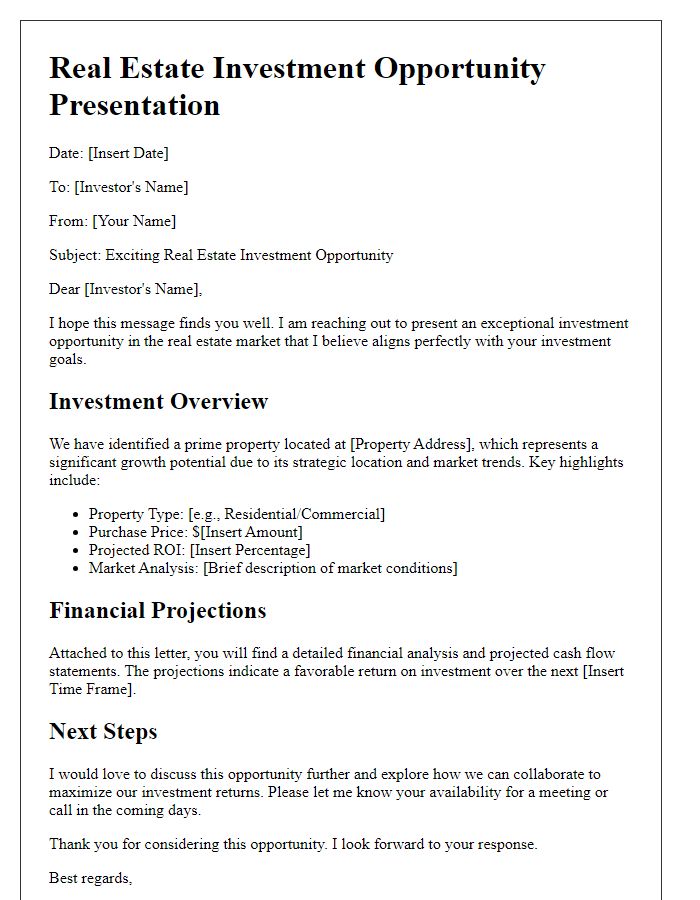 Letter template of real estate investment opportunity presentation