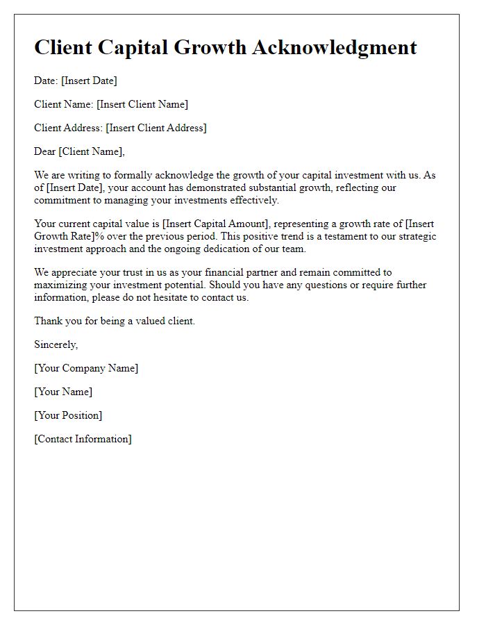 Letter template of Client Capital Growth Acknowledgment