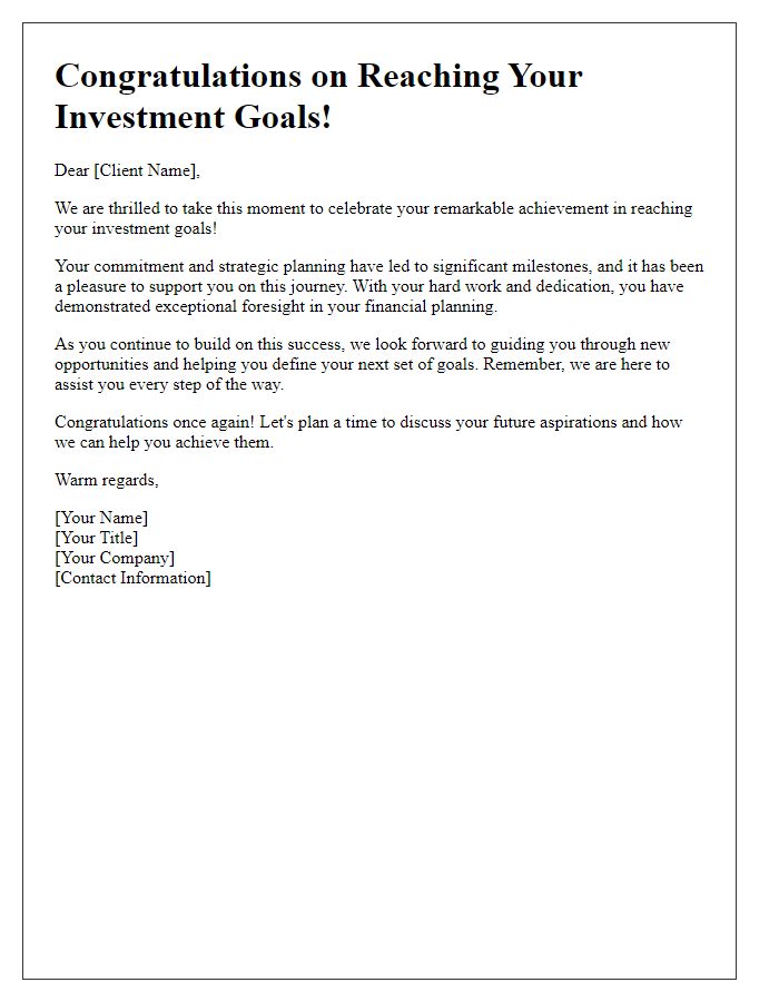 Letter template of Client Investment Goal Celebration