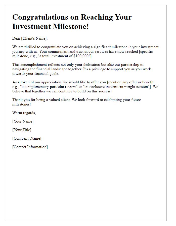 Letter template of Client Investment Milestone Recognition