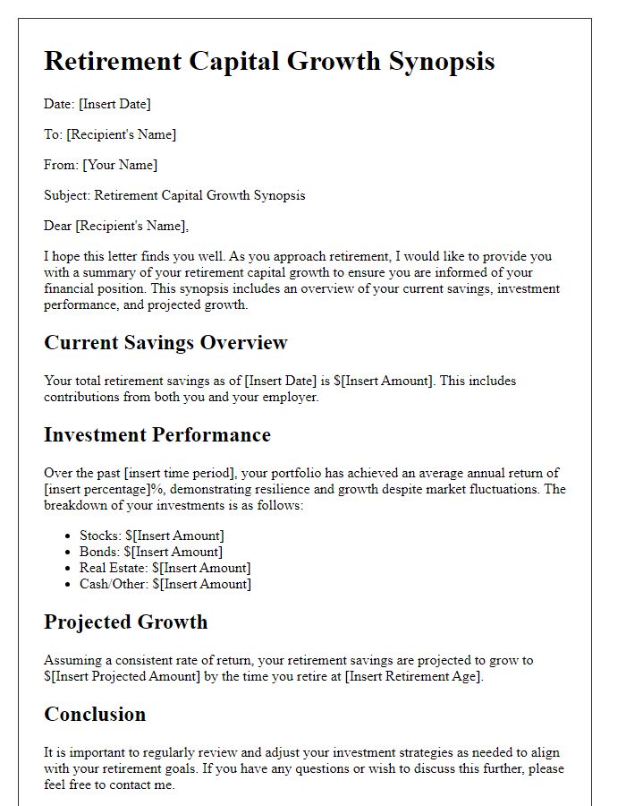 Letter template of retirement capital growth synopsis.