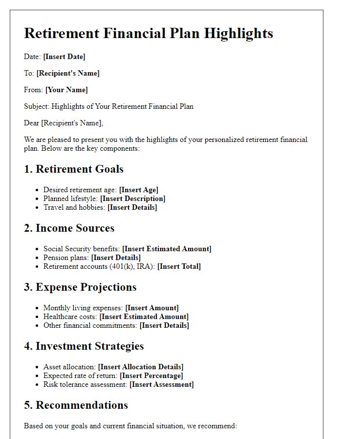 Letter template of retirement financial plan highlights.