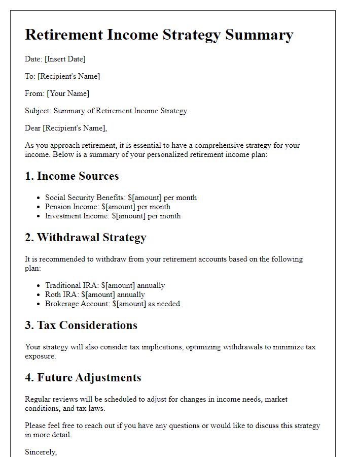 Letter template of retirement income strategy summary.