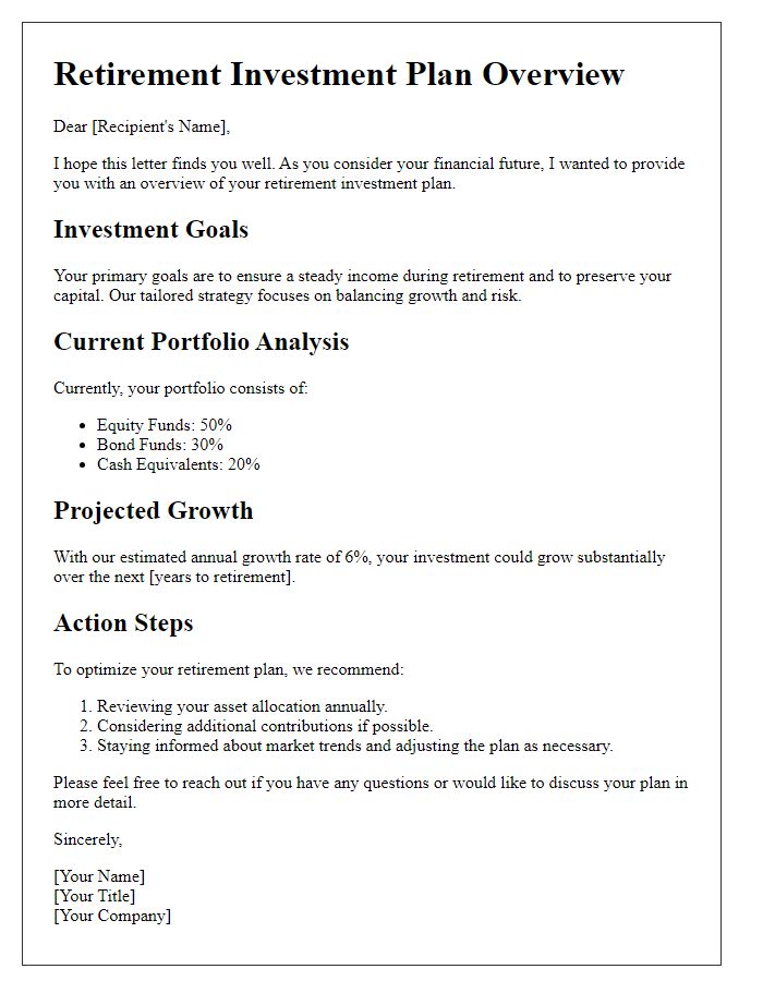 Letter template of retirement investment plan overview.