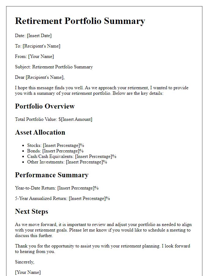 Letter template of retirement portfolio summary.