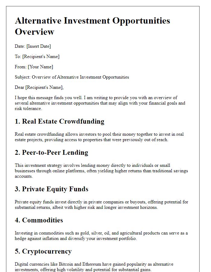 Letter template of alternative investment opportunities overview