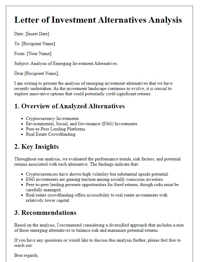 Letter template of emerging investment alternatives analysis