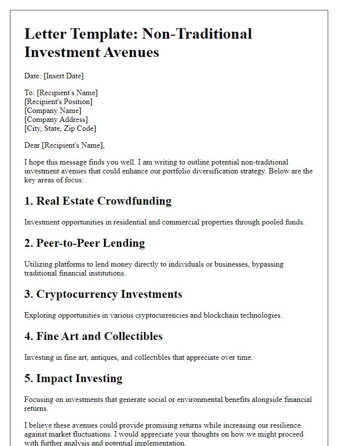 Letter template of non-traditional investment avenues outline