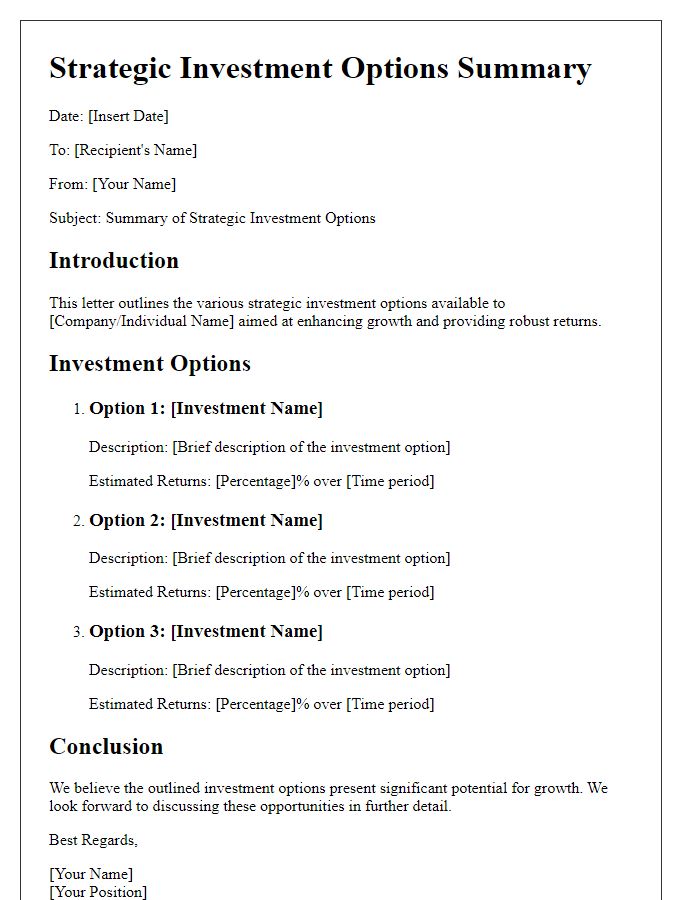 Letter template of strategic investment options summary