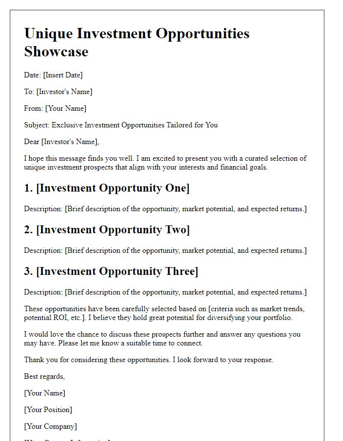 Letter template of unique investment prospects showcase