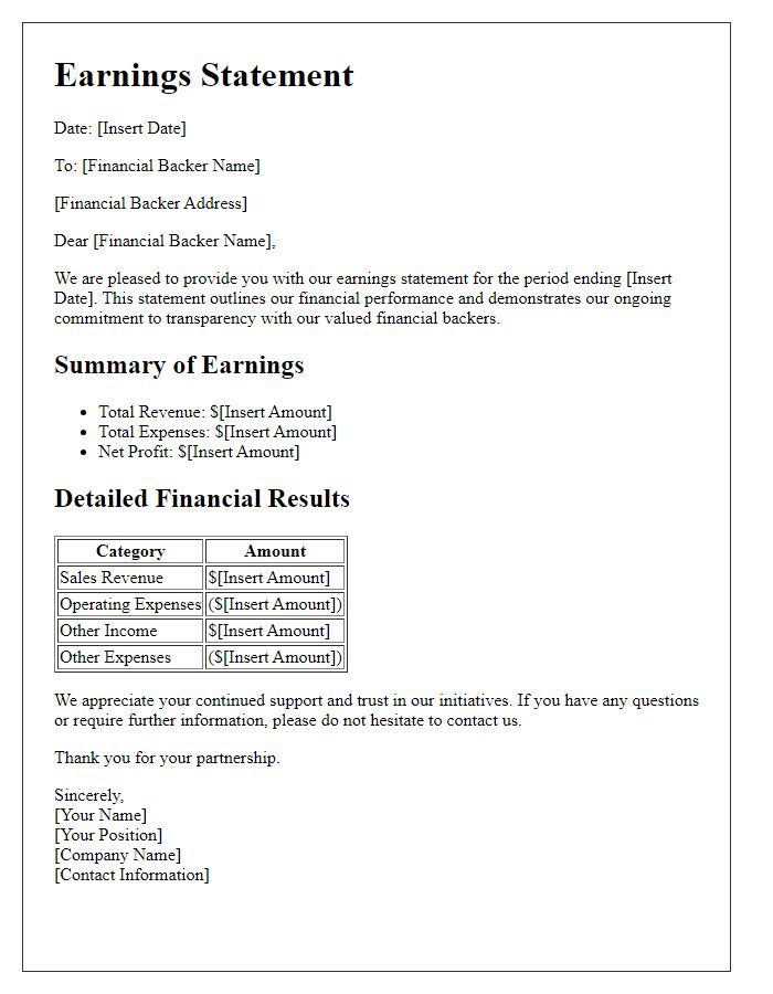 Letter template of earnings statement for financial backers