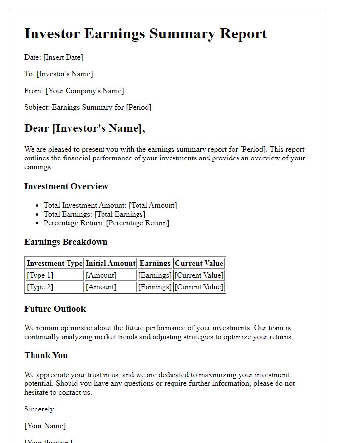 Letter template of investor earnings summary report