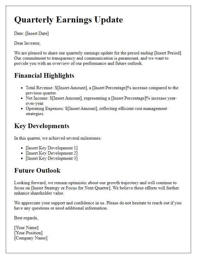 Letter template of quarterly earnings update for investors