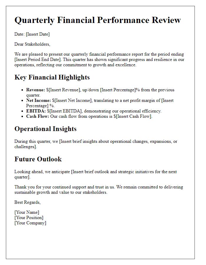 Letter template of quarterly financial performance for stakeholders