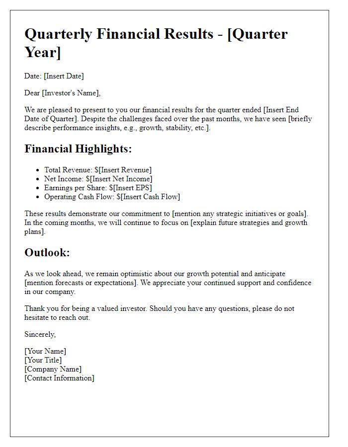 Letter template of quarterly financial results for investor relations