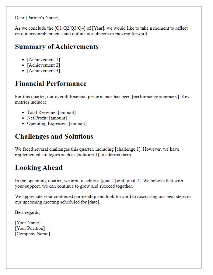 Letter template of quarterly review for equity partners