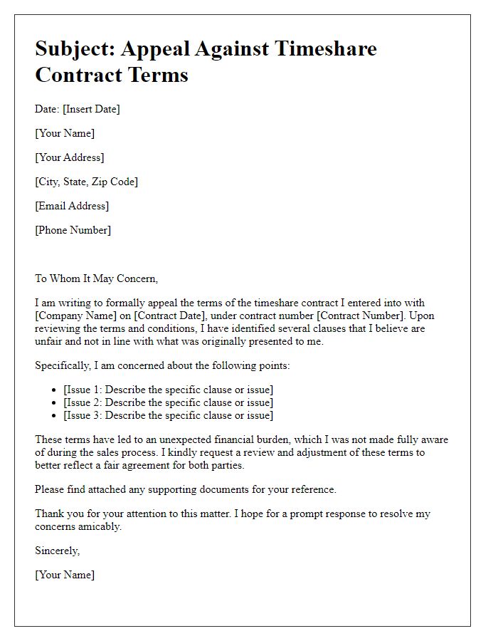 Letter template of appeal against timeshare contract terms