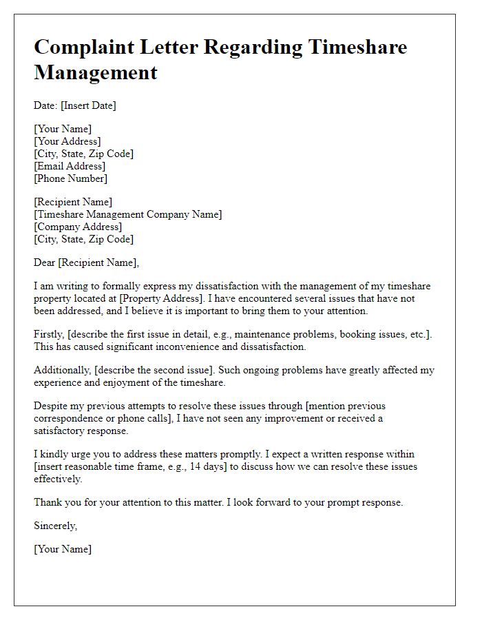 Letter template of complaint regarding timeshare management