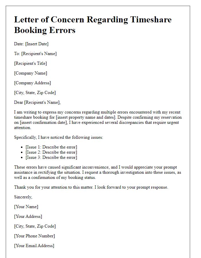 Letter template of concerns over timeshare booking errors