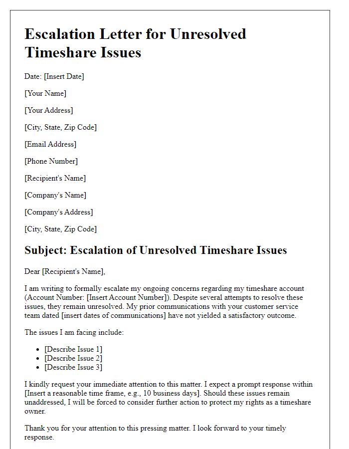 Letter template of escalation for unresolved timeshare issues