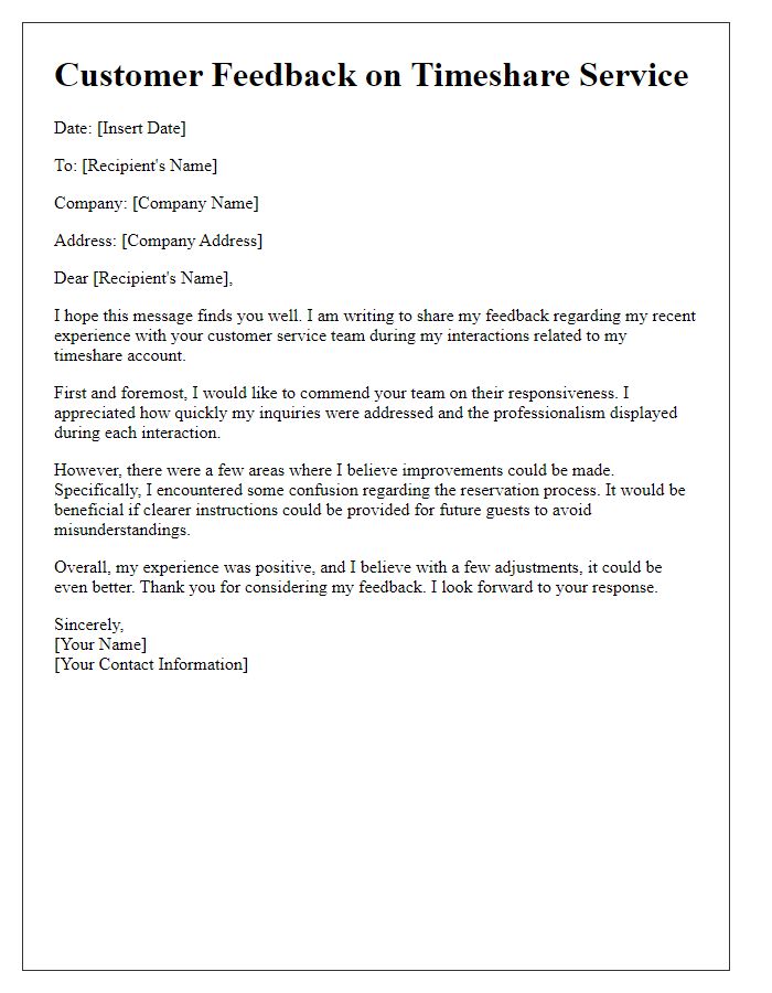 Letter template of feedback on timeshare customer service