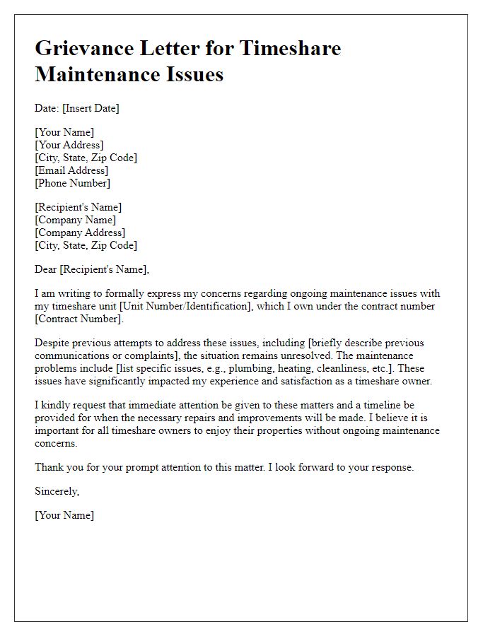 Letter template of grievance for timeshare maintenance issues