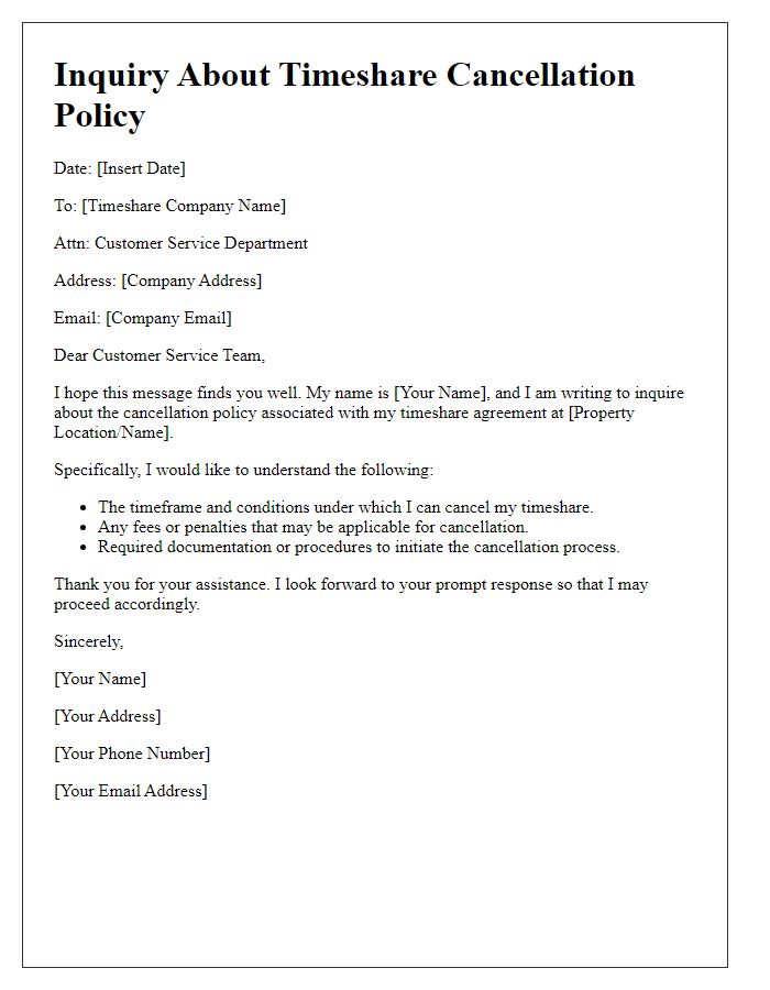 Letter template of inquiry about timeshare cancellation policy