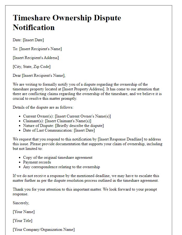 Letter template of notification for timeshare ownership dispute