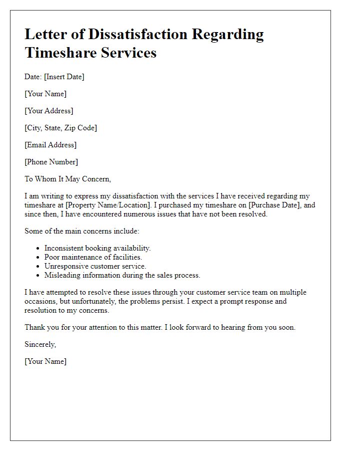 Letter template of timeshare service dissatisfaction