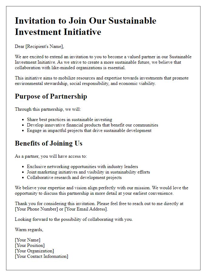 Letter template of sustainable investment initiative partnership invitation