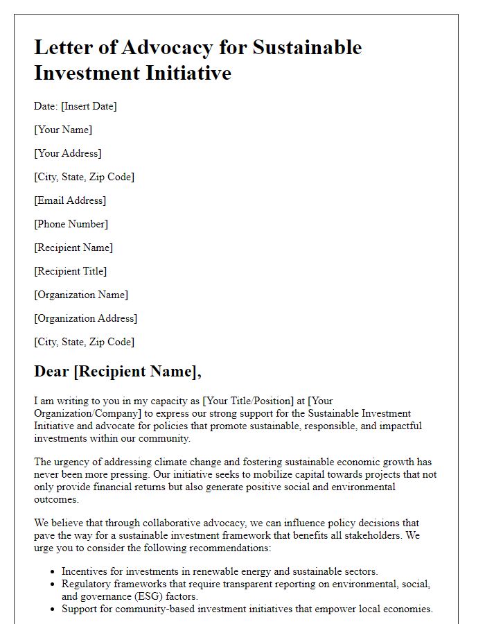 Letter template of sustainable investment initiative policy advocacy