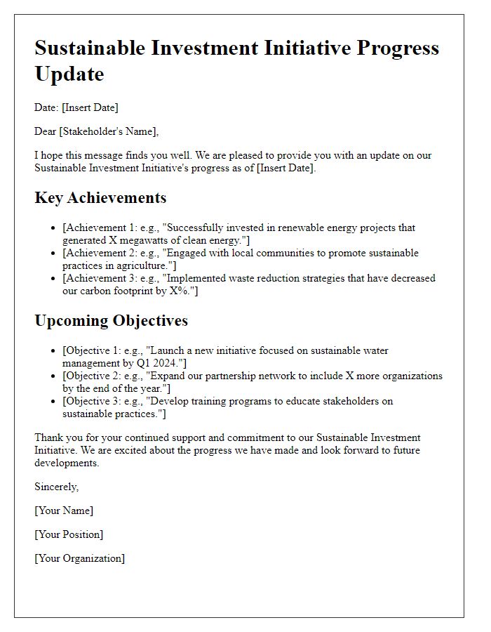 Letter template of sustainable investment initiative progress update