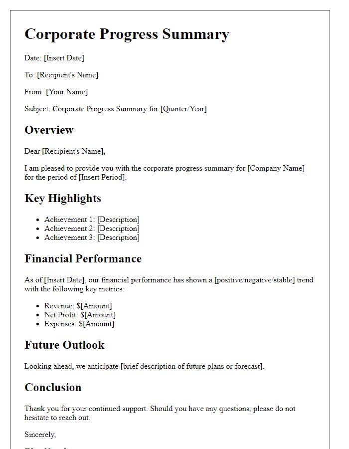 Letter template of corporate progress summary