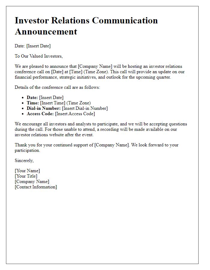 Letter template of investor relations communication announcement