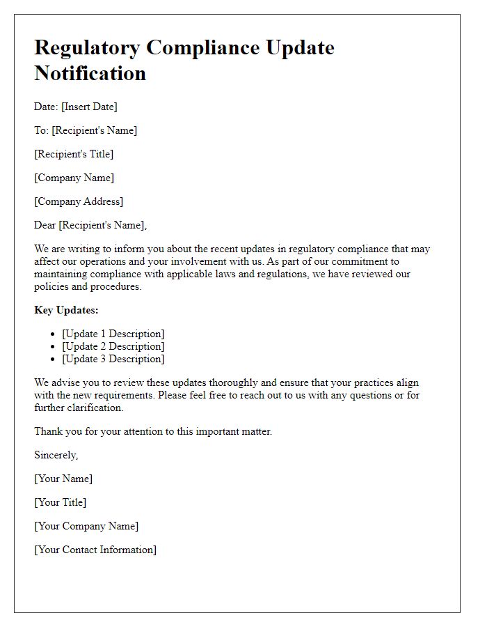 Letter template of regulatory compliance update notification