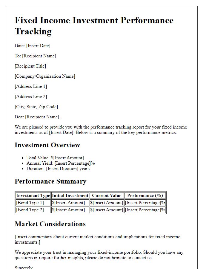 Letter template of Fixed Income Investment Performance Tracking