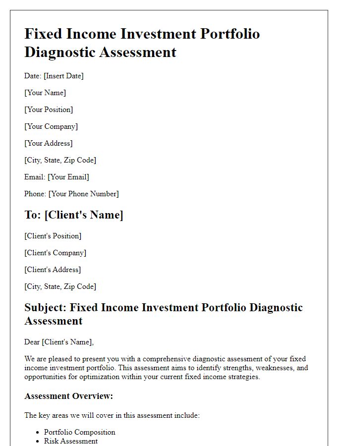 Letter template of Fixed Income Investment Portfolio Diagnostic Assessment