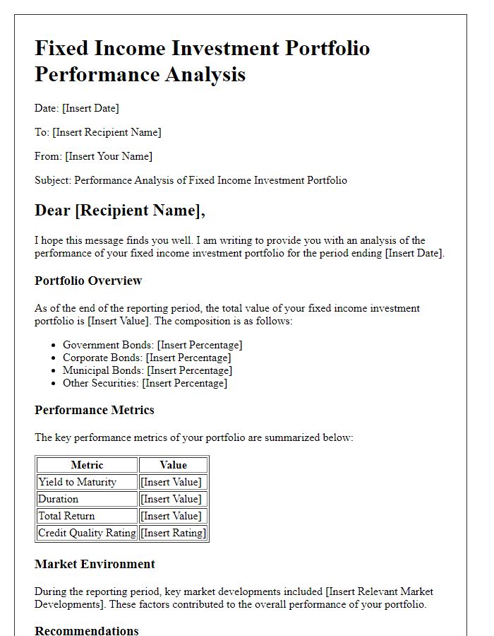 Letter template of Fixed Income Investment Portfolio Performance Analysis