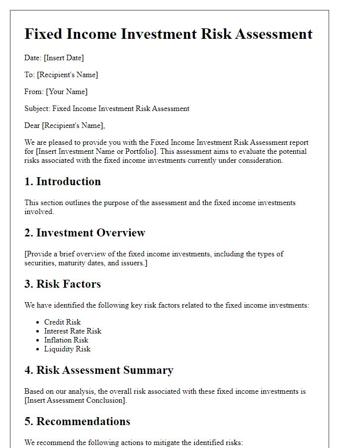 Letter template of Fixed Income Investment Risk Assessment