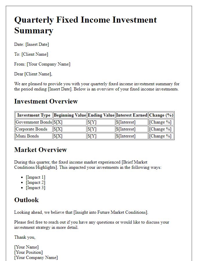 Letter template of Quarterly Fixed Income Investment Summary