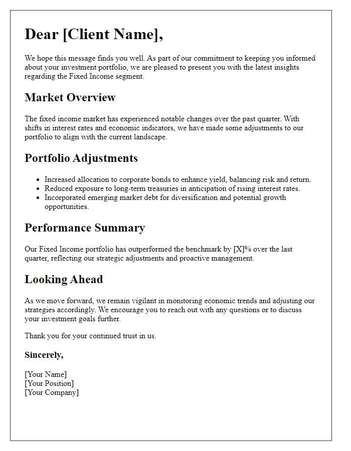 Letter template of Updated Insights for Fixed Income Investment Portfolio