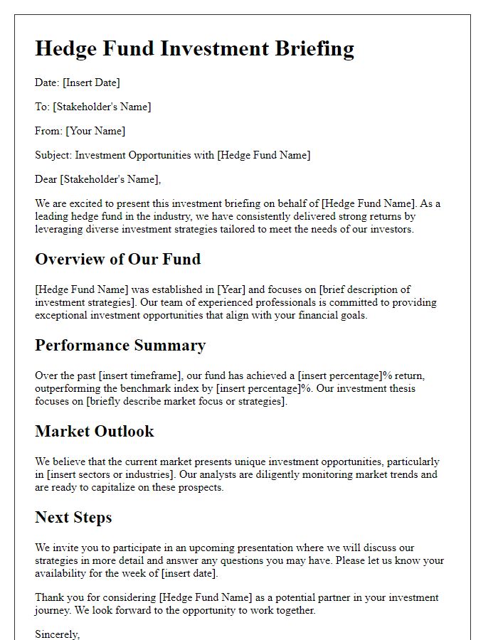 Letter template of hedge fund investment briefing for potential stakeholders