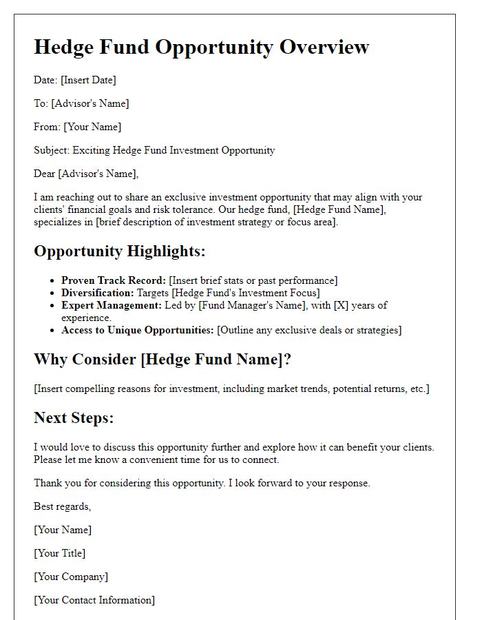 Letter template of hedge fund opportunity overview for financial advisors