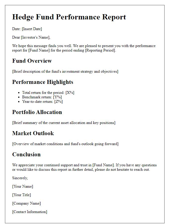 Letter template of hedge fund performance report for current investors