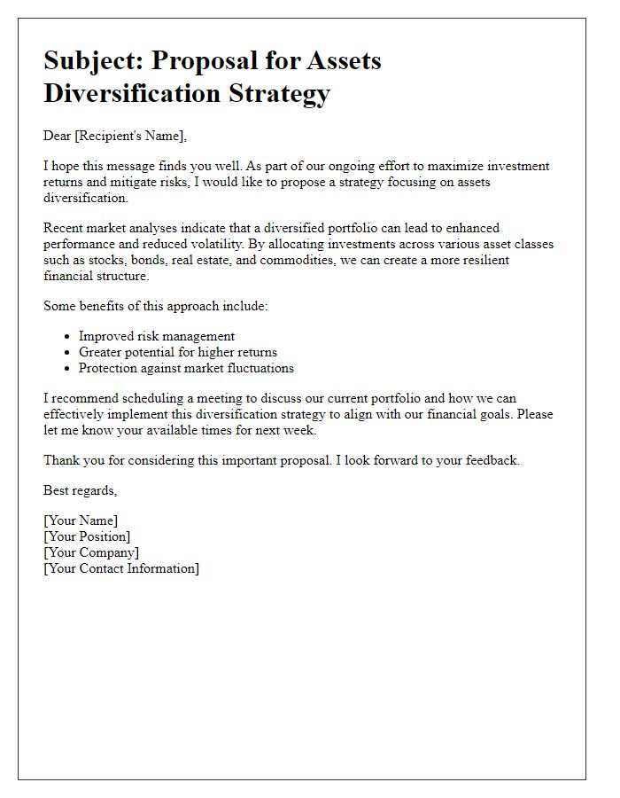 Letter template of assets diversification for increased returns